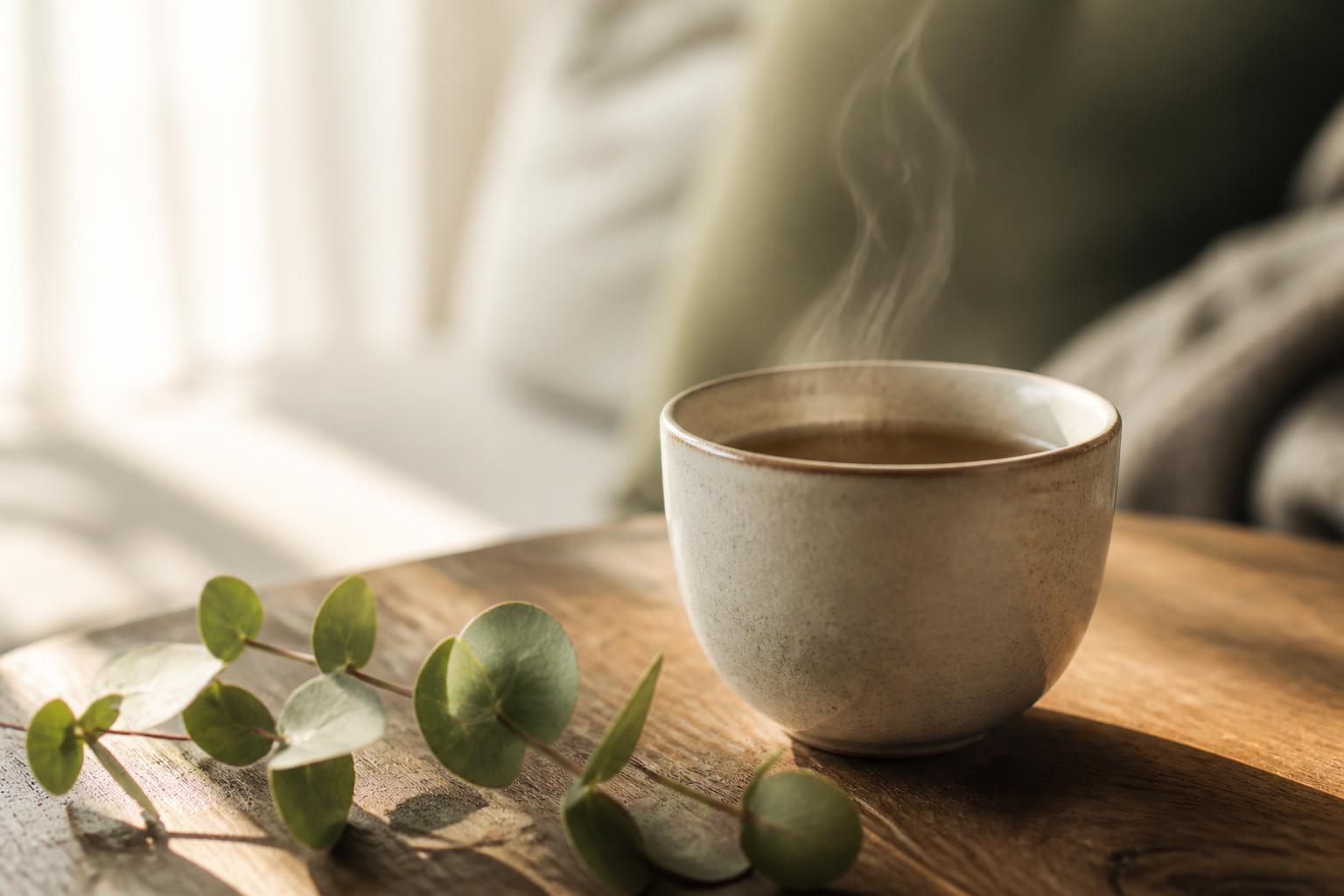 A warm ceramic cup of tea with eucalyptus on a wooden table, representing a calm morning reset.